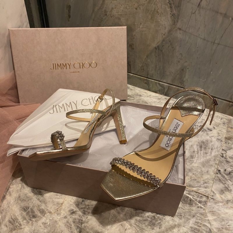 giày cao gót nữ da thật quai ngang đính đá mũi vuông gót 7cm Jimmy Choo