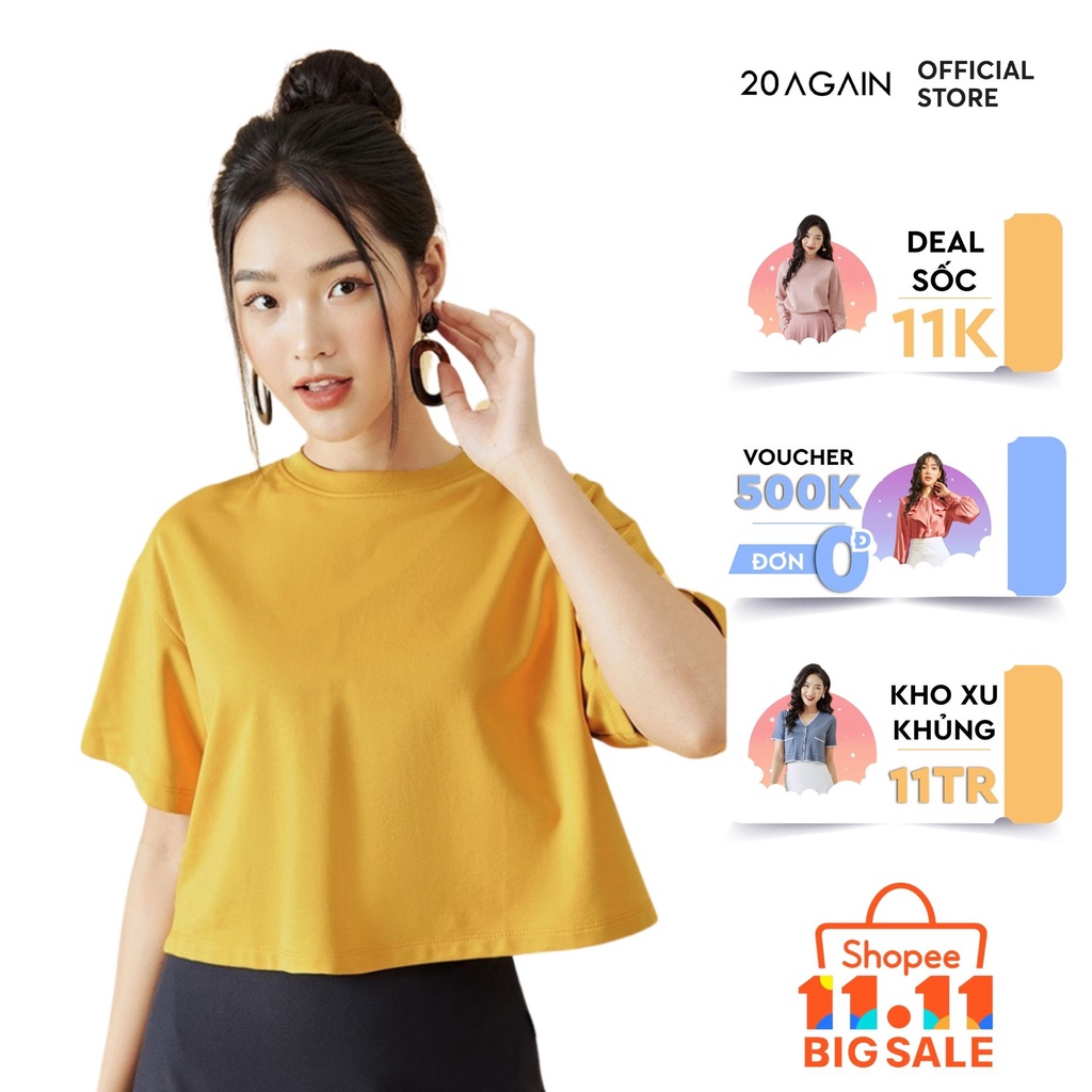 [Mã WABR1111 giảm 10% đơn 250K] Áo phông nữ ngắn tay cổ tròn 20AGAIN, khóa kéo thân sau, trẻ trung ATW1153