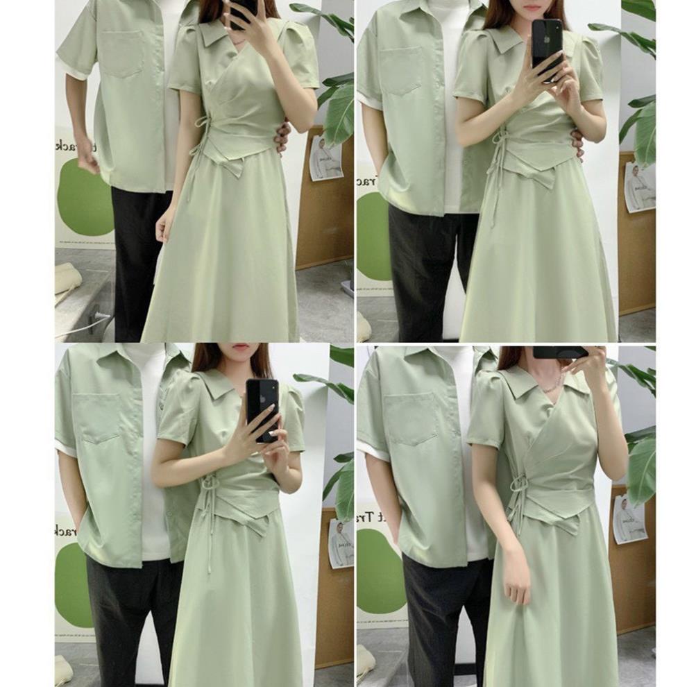 SET ÁO ĐÔI NAM NỮ CHỤP HÌNH CƯỚI ĐỒ CẶP ÁO SƠ MI NAM ĐẦM DÀI CỘT EO MÀU XANH