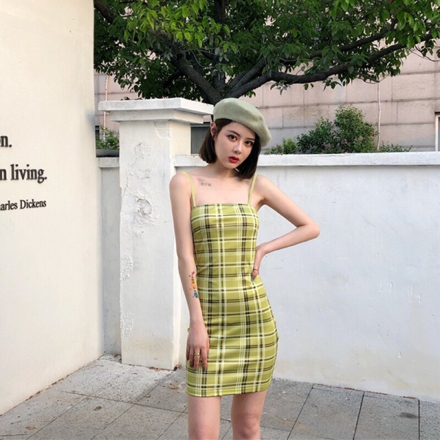 Đầm 2 dây caro body màu xanh vàng chanh