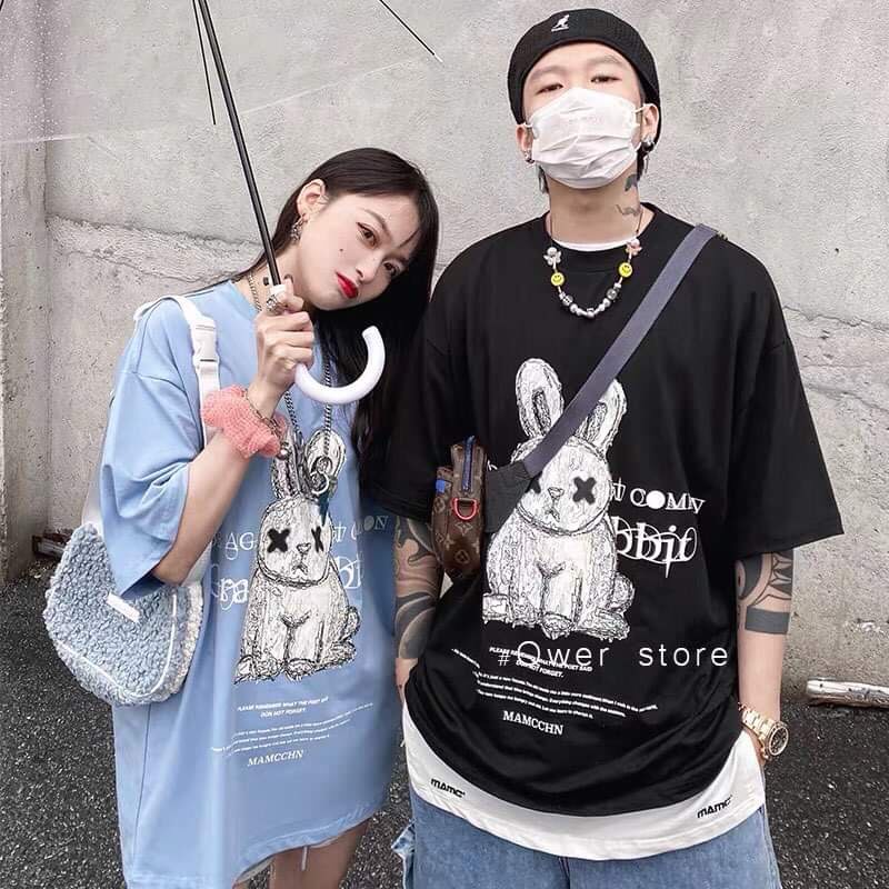 Áo thun thỏ Graffiti nam nữ unisex tay lỡ cổ tròn cotton trắng đen basic -Áo phông đôi trơn mỹ đẹp phom rộng oversize
