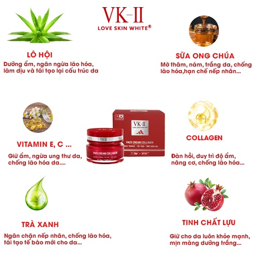 Kem dưỡng trắng, tái tạo và trẻ hóa da VK-II Love Skin White Face Cream Collagen 20g
