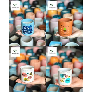 Chậu đất nung vẽ tráng men sứ, trụ tròn mini để bàn