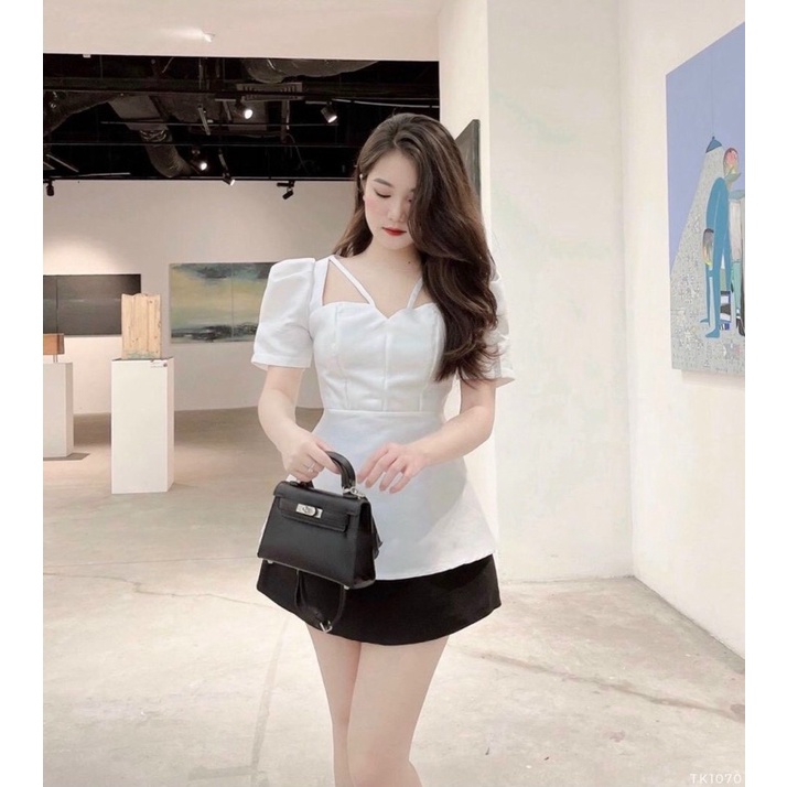 HÀNG THIẾT KẾ CAO CẤP Áo Peplum cổ vuông dây chéo cố sang chảnh cuốn hút tôn dáng Sun Fashion