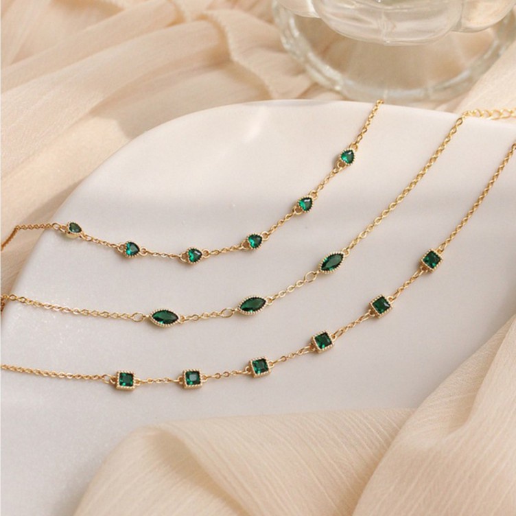 Lắc tay bạc nữ đá xanh mạ vàng 3 hình dáng tim, elip, vuông sang trọng | HARMONY ACCESSORIES VT33