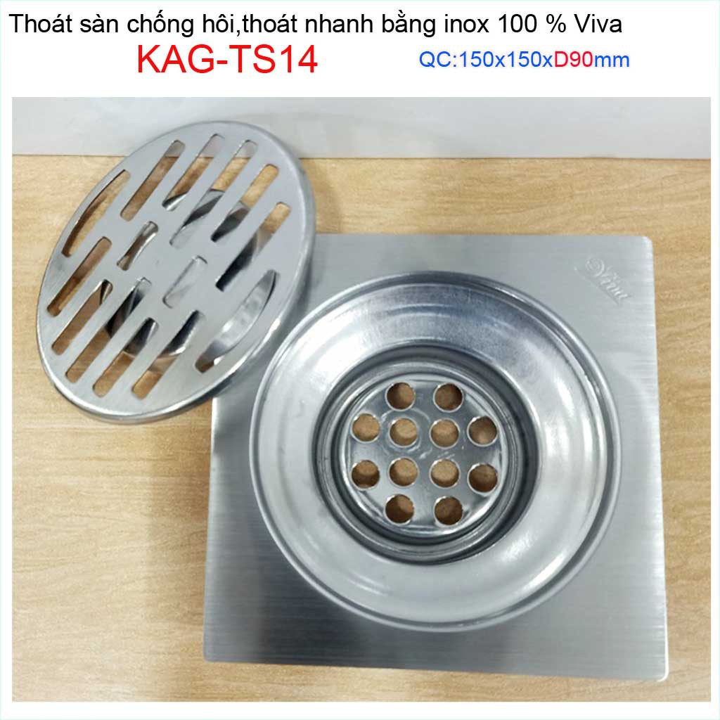 Hố ga thoát sàn Viva ống D90-9cm Inox mờ, phễu thoát nước chống hôi D90 vuông 15x15cm KAG-TS14