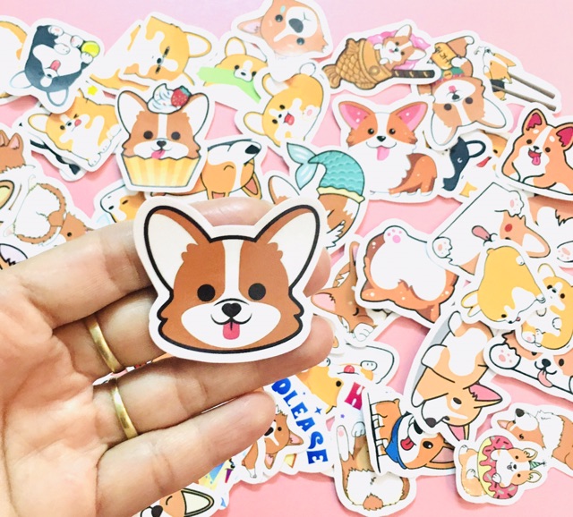 Sét 30-50 Sticker chó corgi lép lụa có đề can bóc dán