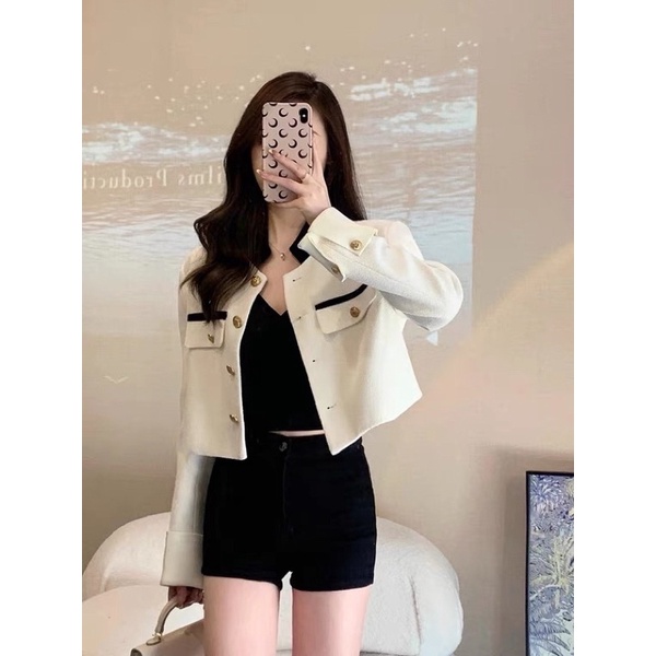 Áo Khoác Dạ Tweed Nữ Dáng Lửng Cổ Tàu Đen Trắng