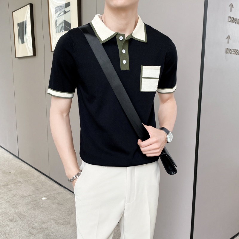 Áo Thun POLO Dệt Kim Tay Ngắn Có Túi Màu Sắc Tương Phản Dành Cho Nam