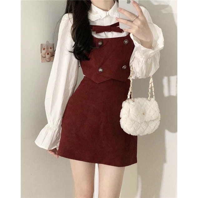 SET ĐỎ TIỂU THƯ 3 MÓN: SƠ MI TRẮNG + GILE ĐỎ + CHÂN VÁY style hàn retro diện tết