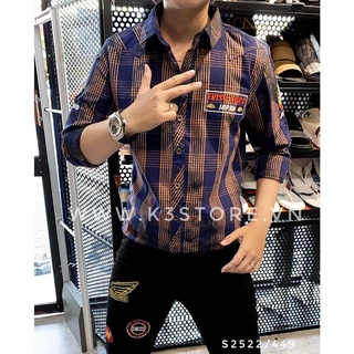 Sơ mi nam tay dài sọc nâu xanh thêu evisu kuro japan hàng thiết kế K3 STORE