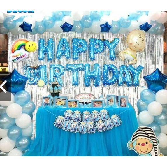 Set trang trí sinh nhật đầy đủ 2 rèm, Bóng chữ Happybirthday, 50 bóng tròn kèm bóng hình cỡ lớn tặng băng keo và bơm