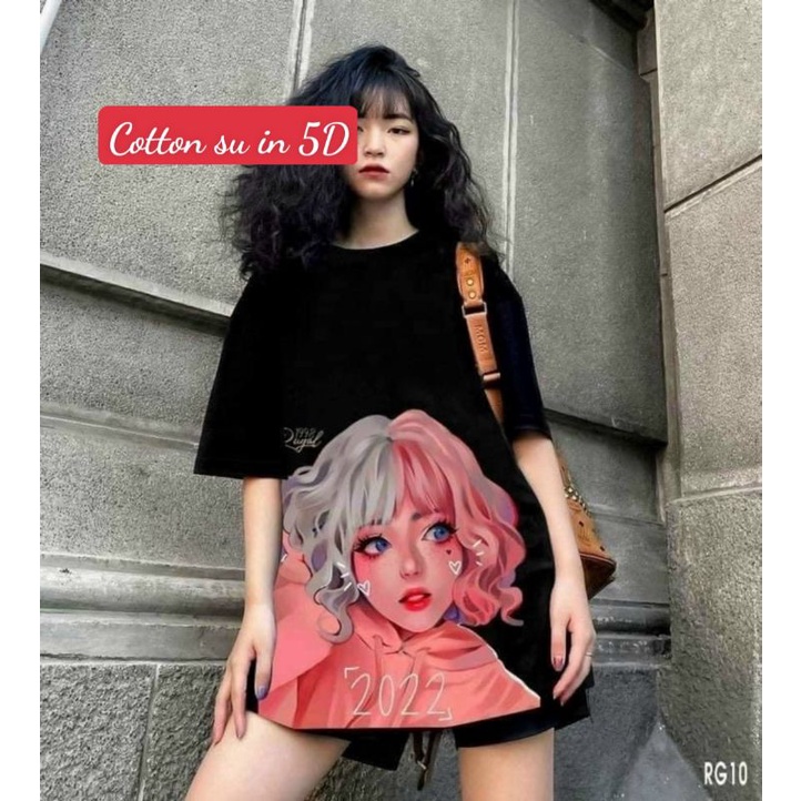 Áo phông tay lỡ in 5D Cô gái phong cách Hàn Quốc
