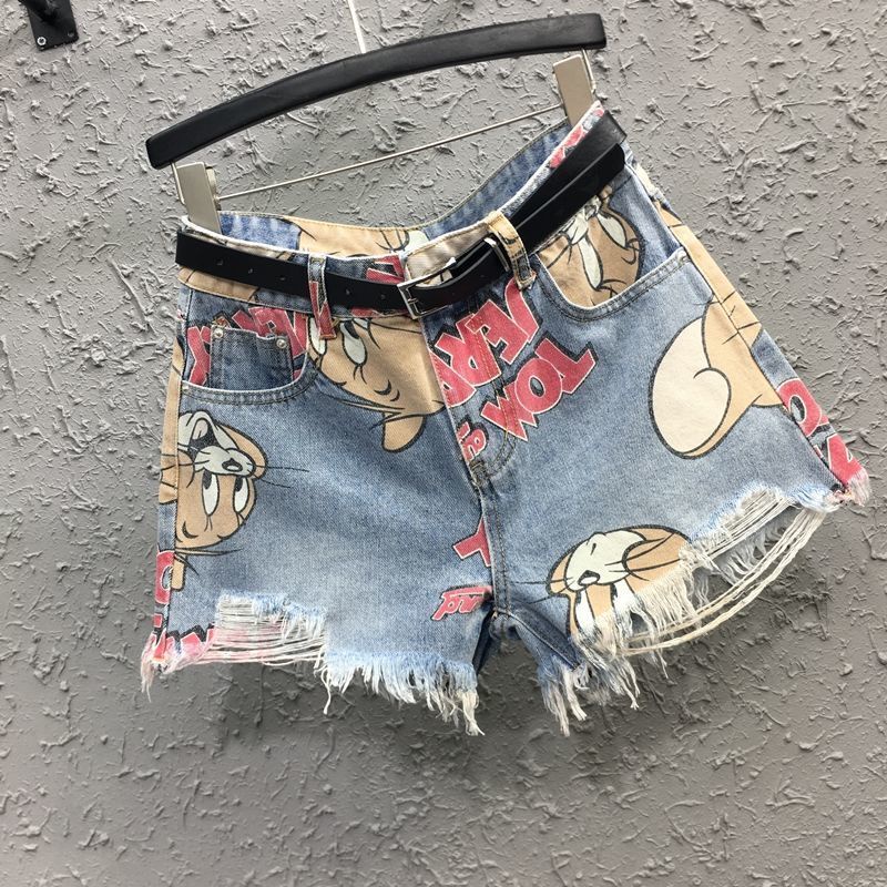 Jiashucheng Quần Short Denim Eo Cao In Màu Nhuộm Hình Mèo Và Chuột Phong Cách Mới Mùa Hè Dành Cho Bạn Nữ