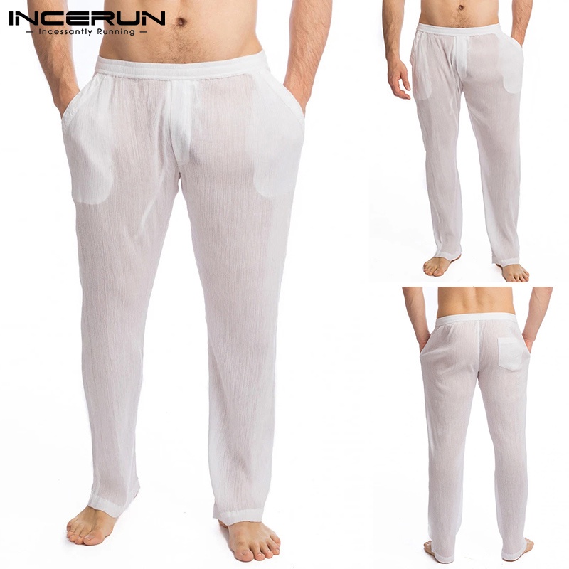 Quần dài INCERUN kiểu lưới trong suốt mỏng lưng co giãn dáng rộng màu trơn dành cho nam