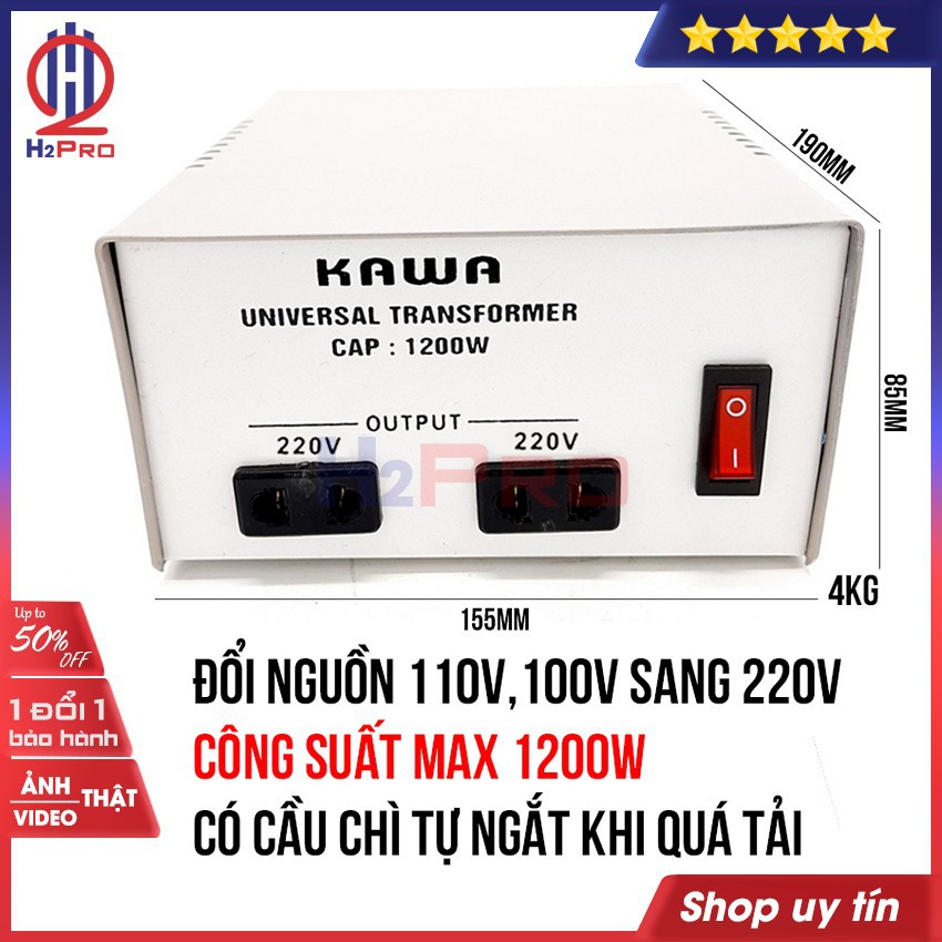 Bộ đổi nguồn 220V sang 110V-100V hoặc đổi nguồn 110V sang 220V KAWA H2Pro 1200W cao cấp, chất lượng cao-an toàn