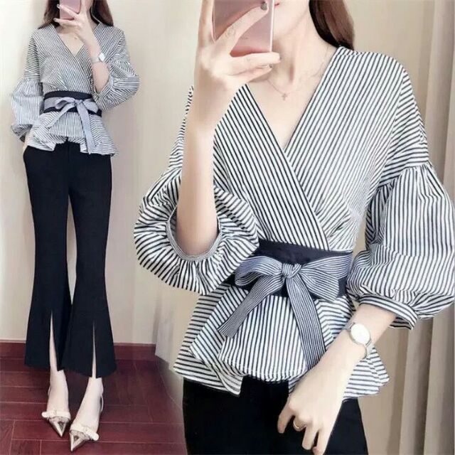 set bộ áo sọc tay bồng, quần loe xẻ ống- hàng qc cao cấp
