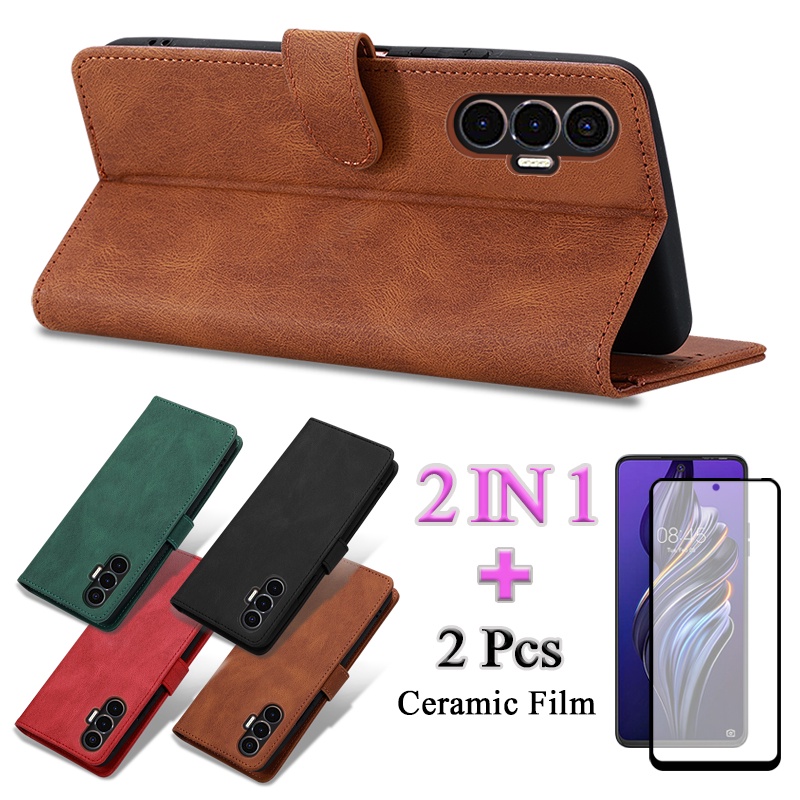 Bao Da Điện Thoại Nắp Lật Kèm Miếng Dán Cường Lực Cong 2 Trong 1 Cho Tecno Pova 3