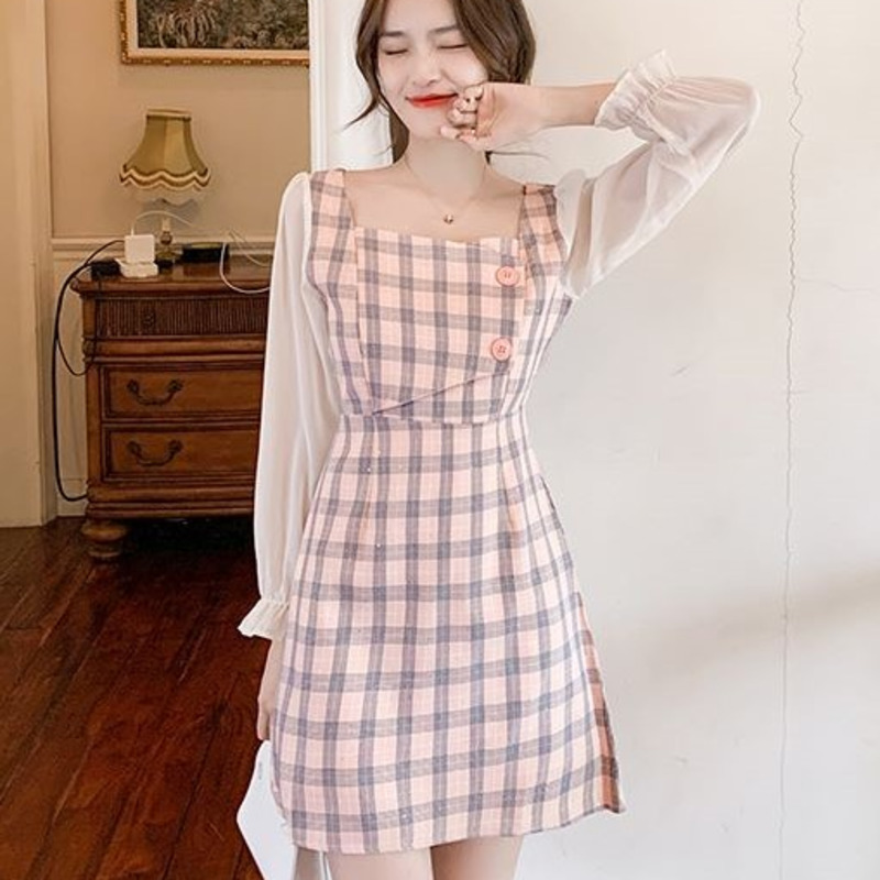 Đầm Caro Tay Loe Xinh Xắn Dành Cho Nữ Váy