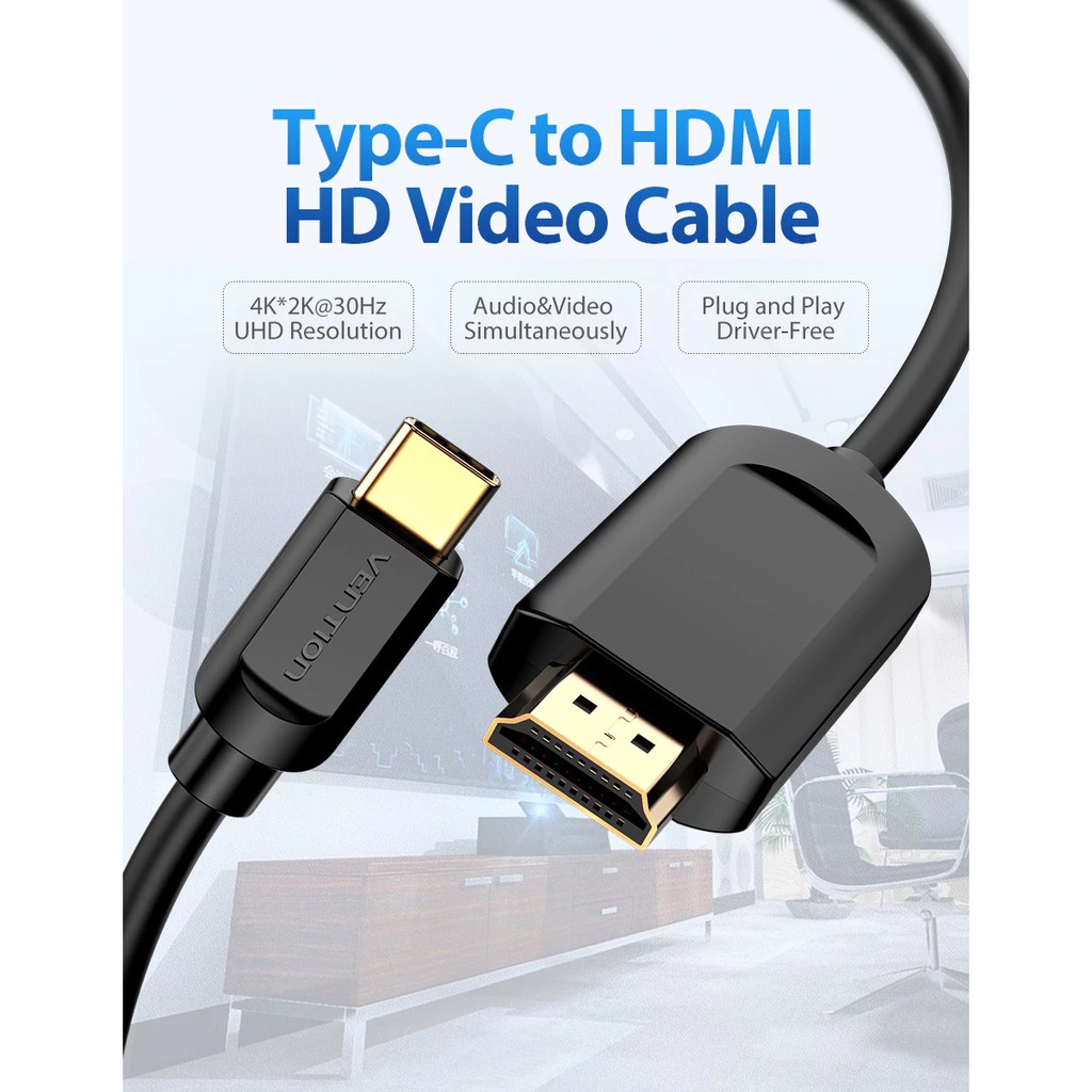 Vention Type-C To HDMI HD Video Cable 1M/1.5M/2M Laptop iPhone Huawei Samsung Xiaomi LG Phone iPad