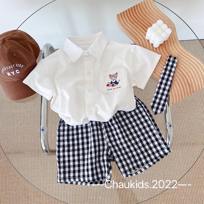 Bộ gấu cà vạt quần kẻ cho bé trai