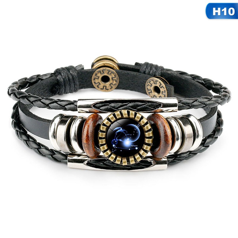 flowersqueen Vòng tay tết dây da PU mặt thủy tinh tròn họa tiết 12 cung hoàng đạo