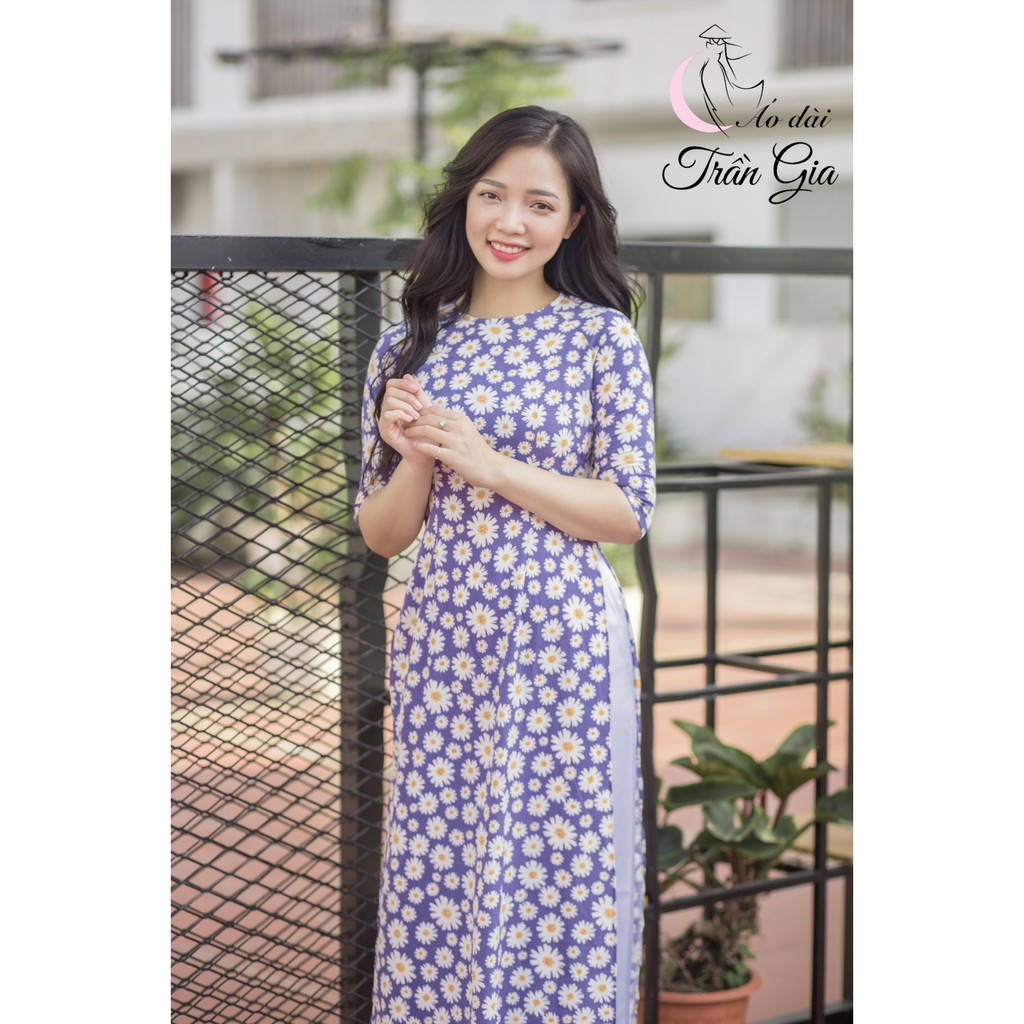 Áo dài cổ tròn - Áo dài truyền thống hoa nhí Trong BST "Ngũ Cúc" - Đã kèm quần AD629