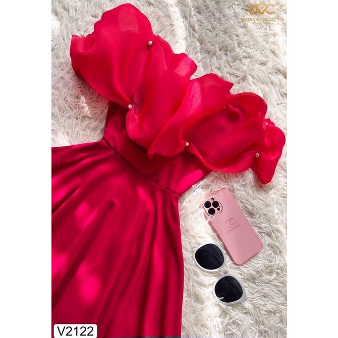 Đầm váy dự tiệc dáng xòe trễ vai tay phồng đính cườm, màu đỏ tươi tắn