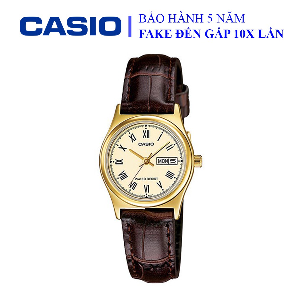 Đồng hồ Casio nữ dây da thể thao, mặt trắng viền vàng sang trọng, chống nước WR30M (LTP-V006GL-9BUDF)