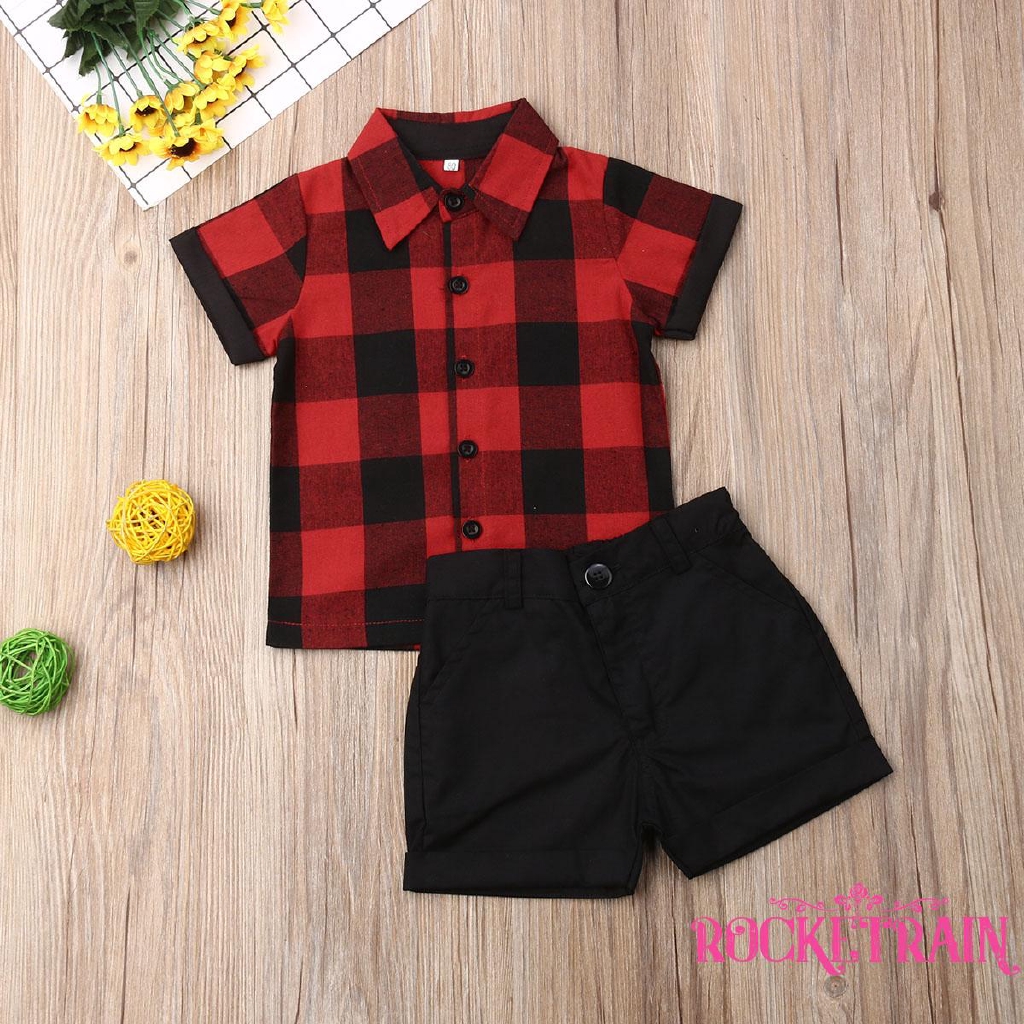 AydღToddler Baby Boy Christmas Outfit Gentleman Turn-Down Collar Plaid T-Shirt Tops+Pants Shorts Clothes Set