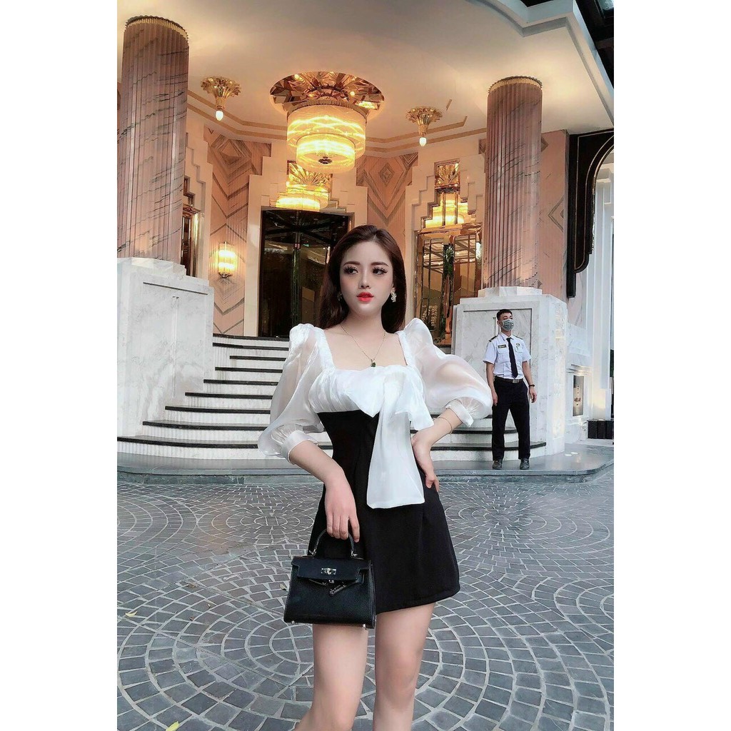 đầm ngắn tay dài cổ vuông kết nơ