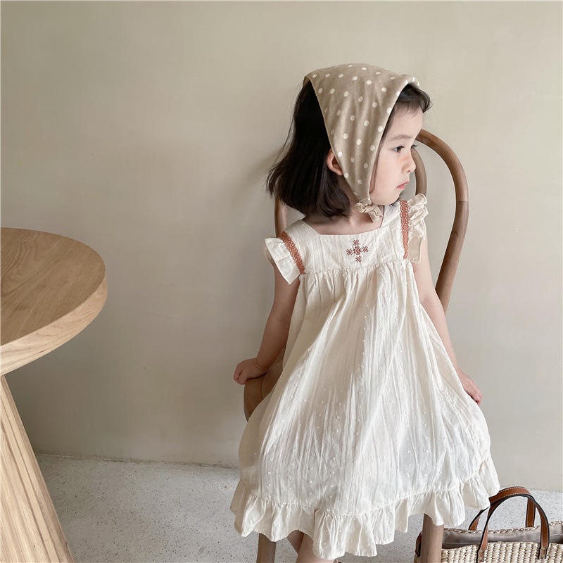 Đầm Không Tay Phối Bèo Thêu Họa Tiết Dễ Thương Phong Cách Hàn Quốc Thời Trang Mùa Hè Cho Bé Gái