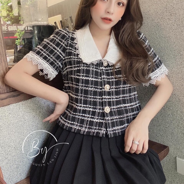 Áo sơmi dạ cổ sen ren