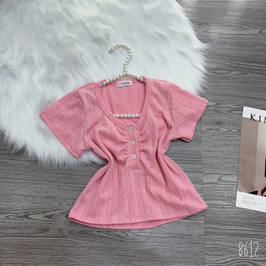Áo thun CROPTOP body tay ngắn phối cúc gân xương cá