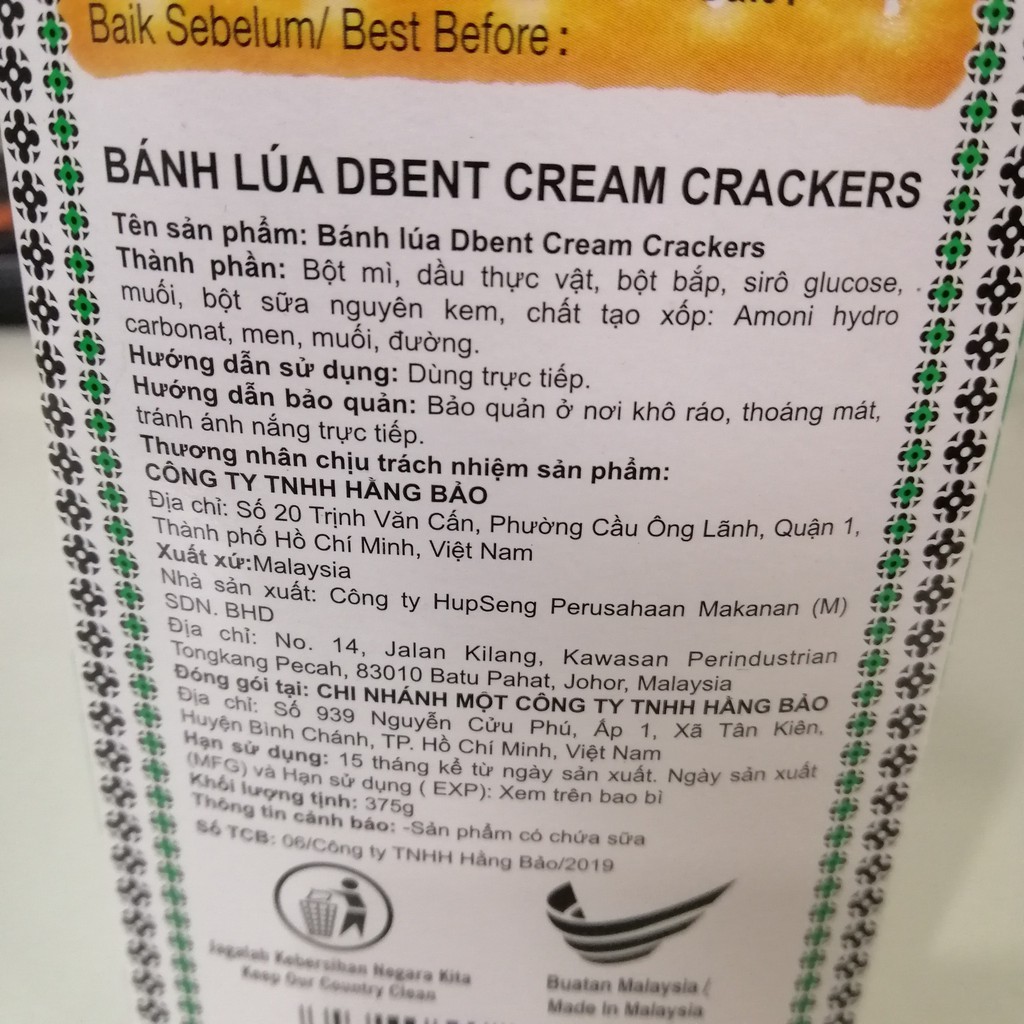 Bánh Lúa Dbent Cream Crackers (Hộp 375gxanh)
