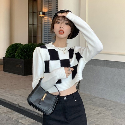 Áo Thun Dệt Kim Tay Dài Họa Tiết Caro Màu Sắc Tương Phản Phong Cách Hàn Quốc Cho Nữ | BigBuy360 - bigbuy360.vn