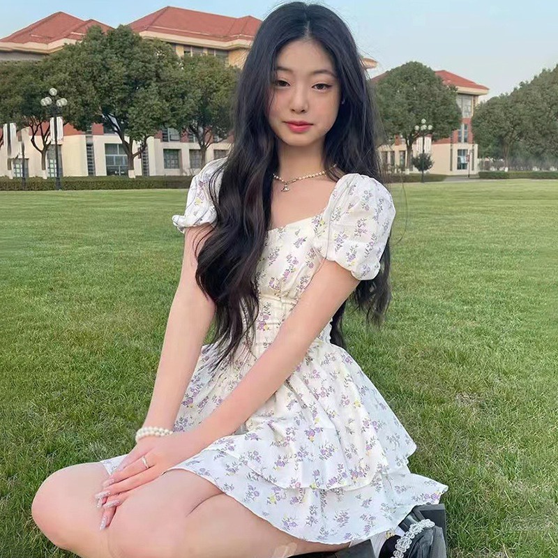 Đầm Tay Phồng Ngắn Cổ Vuông Ôm Eo In Họa Tiết Kiểu Retro Hàn Quốc Xinh Xắn Cho Nữ
