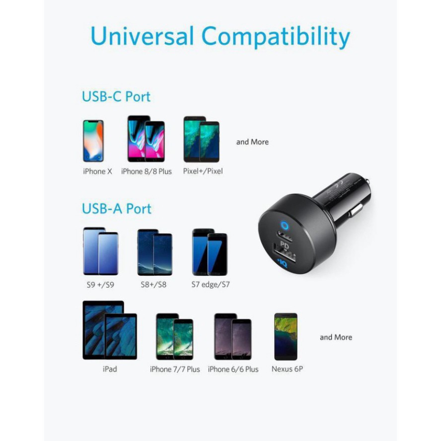 Sạc Nhanh Xe Hơi ANKER A2721 33W PowerDrive PD tẩu oto ô tô cho iPhone iPad Samsung Oppo ip 7 8 plus x xs 11 12 pro max