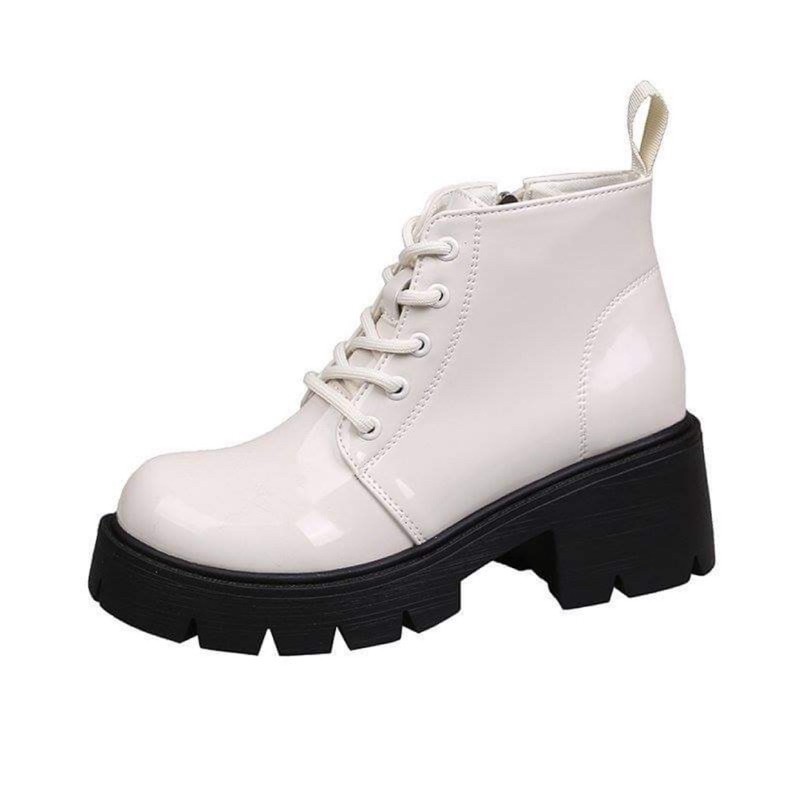 Giày combat trắng da bóng đế cao 6cm