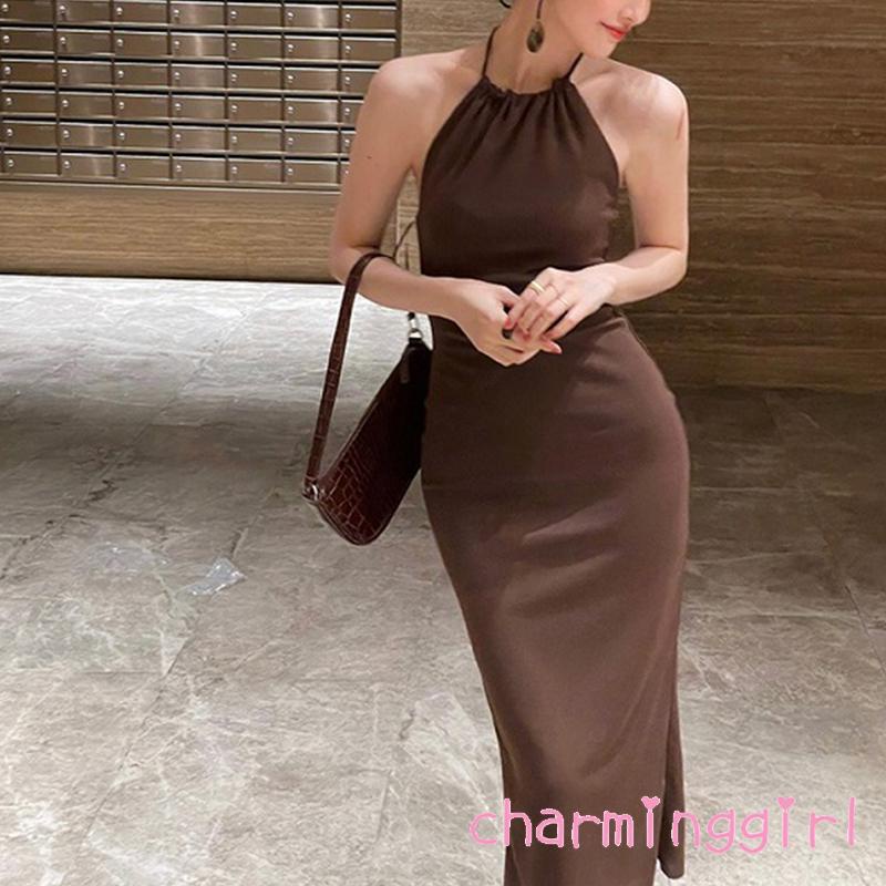 Đầm dài không tay hở lưng màu trơn quyến rũ dành cho nữ