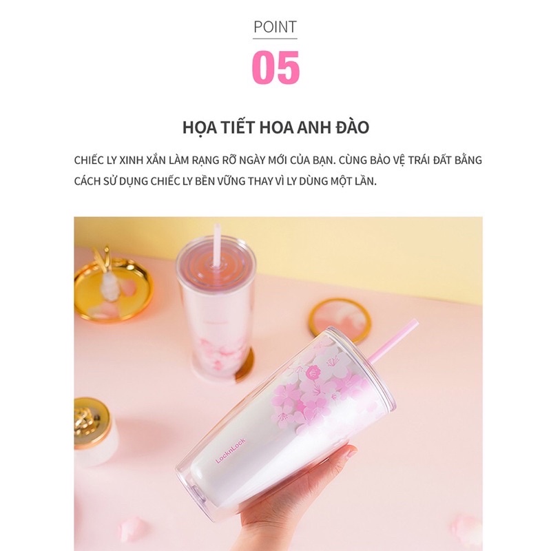 Ly nhựa 2 lớp Lock&Lock Cherry Blossom kèm ống hút double 750ml  HAP509