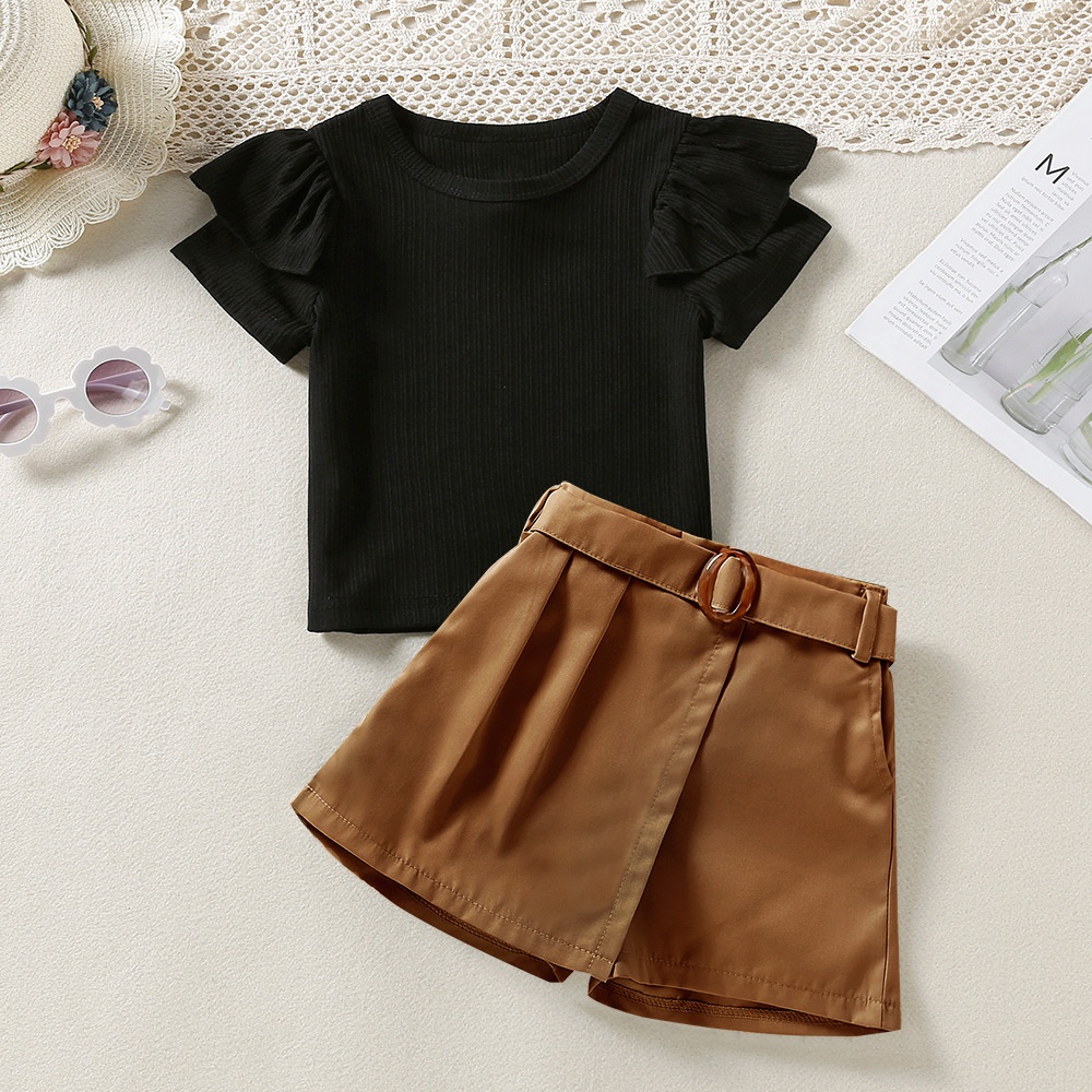 BEAR LEADER Set Áo Thun Tay Ren + Quần Short Thời Trang Xuân Hè Mới 2022 Cho Bé Gái 2-6 Tuổi