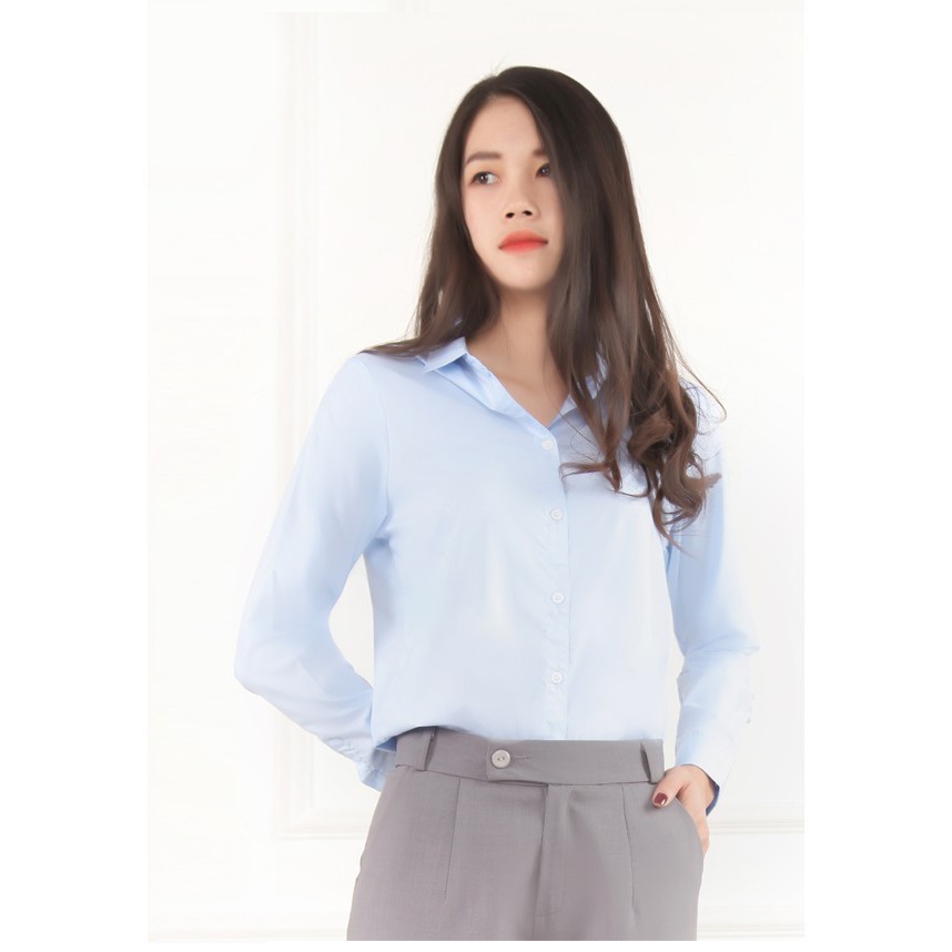 Áo sơ mi nữ dài tay form rộng kiểu sơmi màu trắng xanh đẹp thời trang công sở đi học | BigBuy360 - bigbuy360.vn