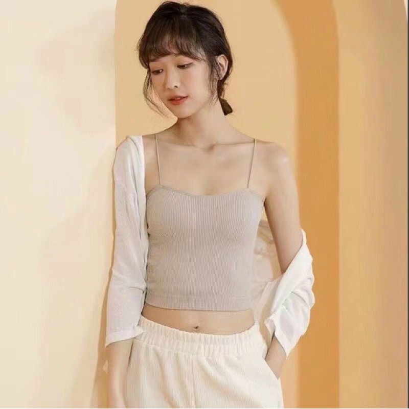 Áo bra hai  Dây Gân Sợi  bún Có Đệm Ngực, Áo hai Dây Mảnh Dáng Croptop có video thật T