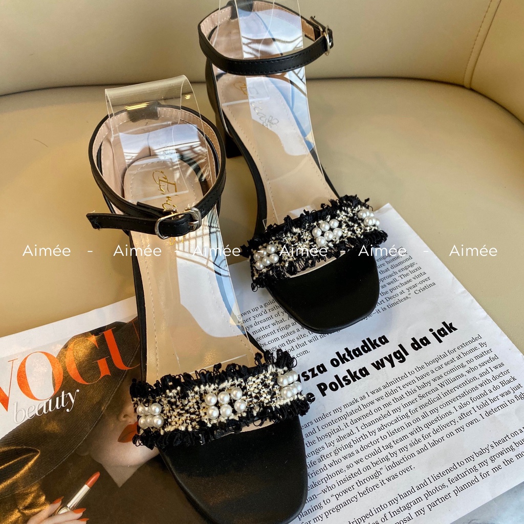 Dép Sandal Bản Ngang Gót Cao 3 Phân Quai Da Phối Ren Đính Hạt Ngọc Bít Gót Lên Dáng Điệu Đà Quyến Rũ