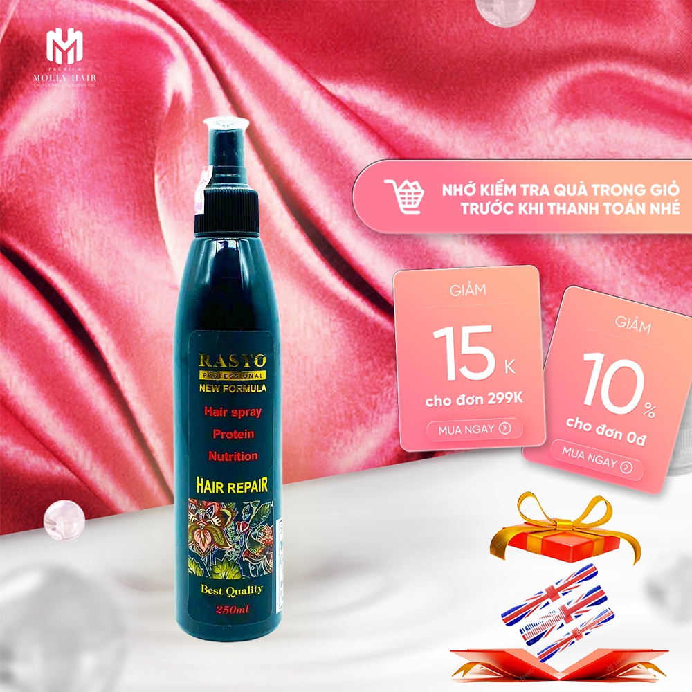 Xịt dưỡng tóc collagen Mollyhair thương hiệu Rasto, hương thơm nước hoa Pháp phục hồi tóc hư tổn, chẻ ngọn- 250ml