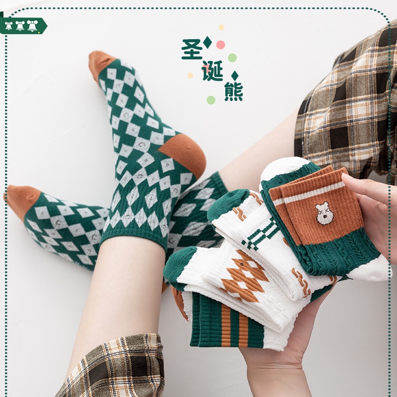 Vớ tất họa tiết cổ cao sọc quả trám gấu màu cam xanh lá