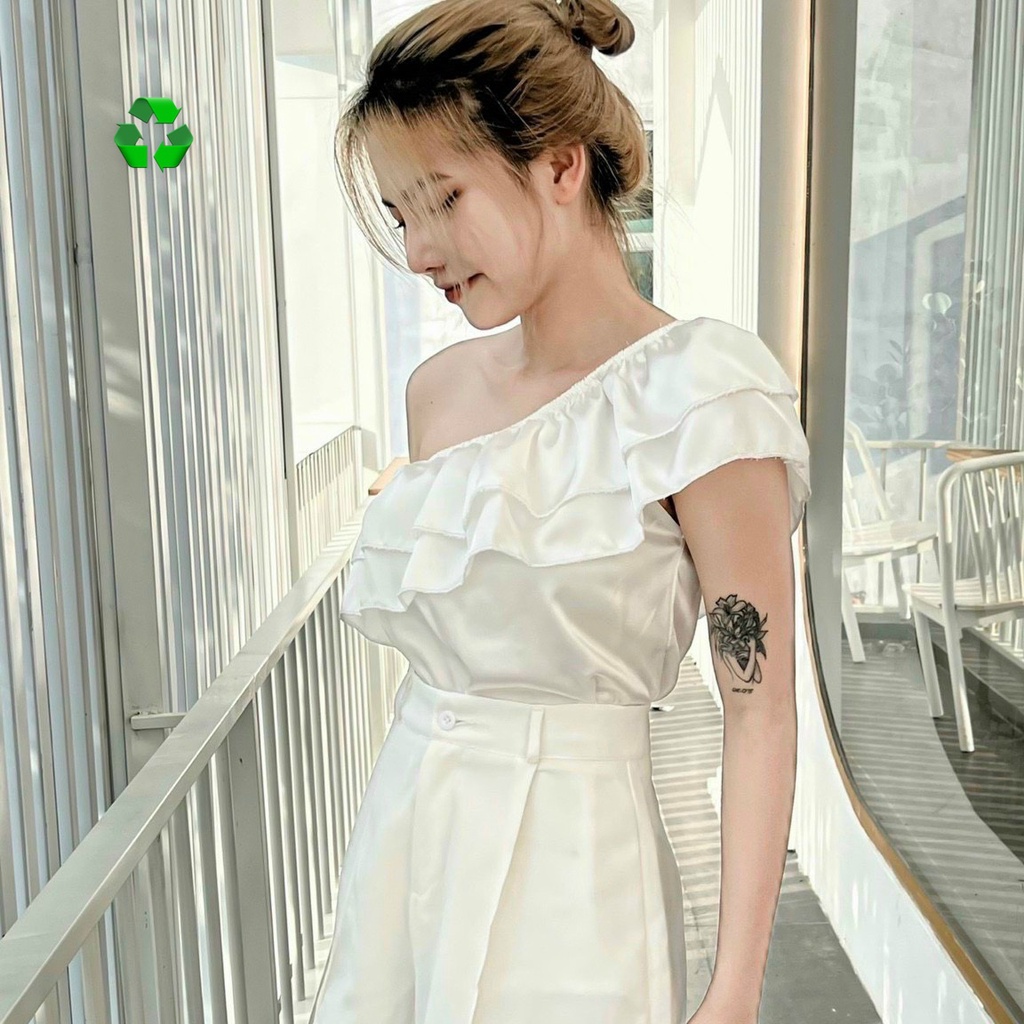 Áo phi lụa lệch vai viền bèo cực sexy , chất phi mềm mịn mát
