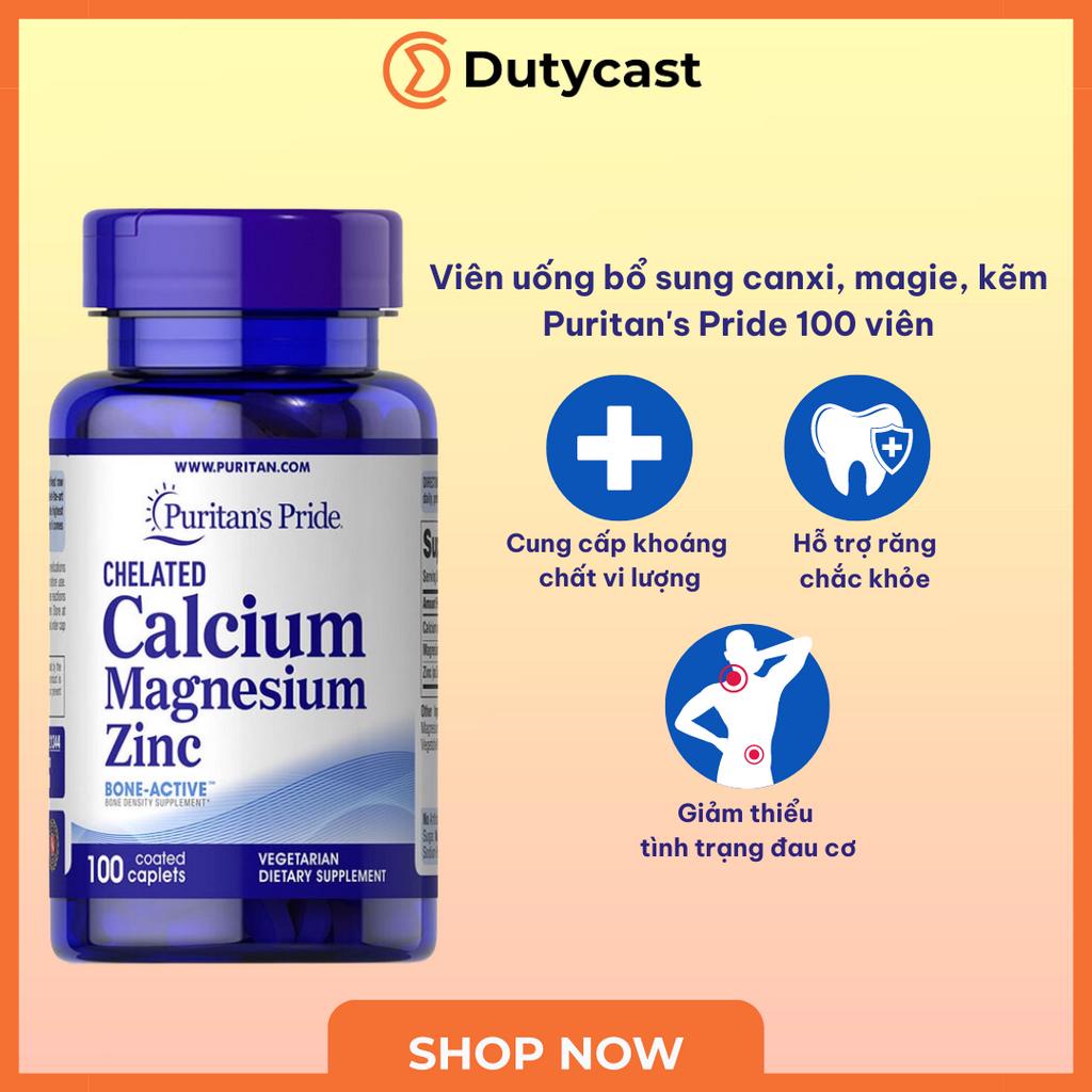 Viên uống bổ sung canxi, magie, kẽm Puritan's Pride Chelated Calcium Magnesium Zinc - 100 viên