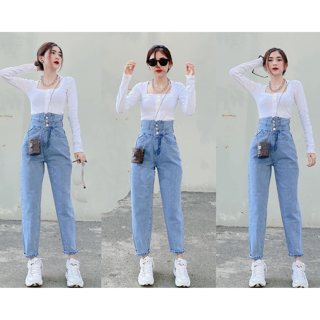 QUẦN BAGGY JEAN NỮ LƯNG CAO 3 NÚT VẠT CHÉO SAU LƯNG CAO XỊN SÒ MÀU XANH NHẠT LAI CUỐN CAO CẤP HADI - Hàng